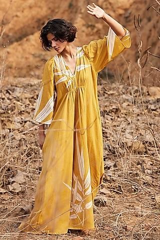 yellow cotton mul floral printed maxi dress