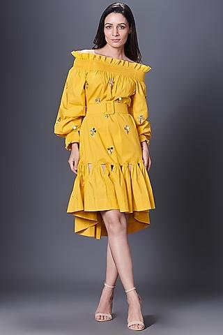 yellow cotton off-shoulder hand embroidered dress