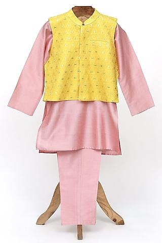 yellow cotton organza embroidered nehru jacket set for boys