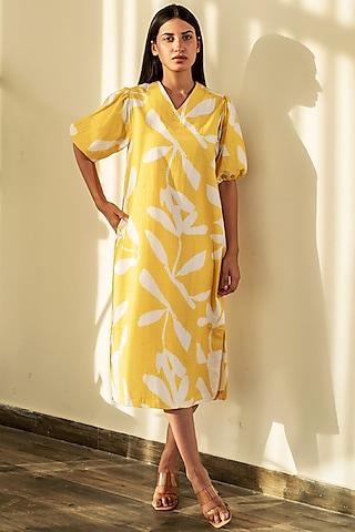 yellow cotton poplin floral printed dress