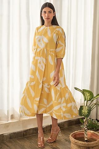 yellow cotton poplin floral printed tiered dress