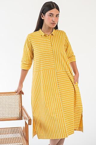 yellow cotton poplin hand block printed shirt dress