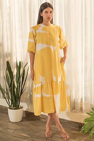 yellow cotton poplin printed flared dress