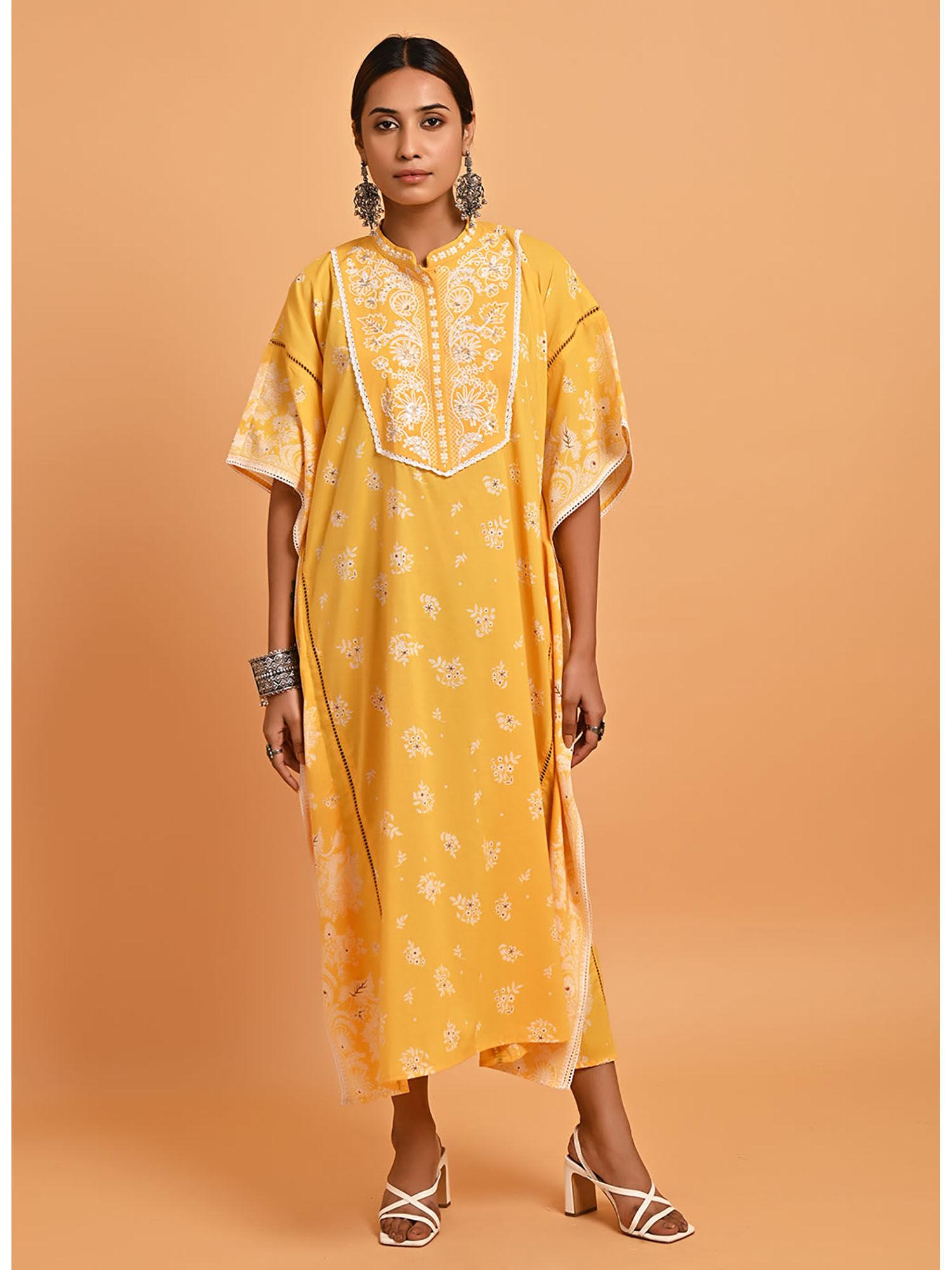 yellow cotton printed kaftan kurta with embroidery