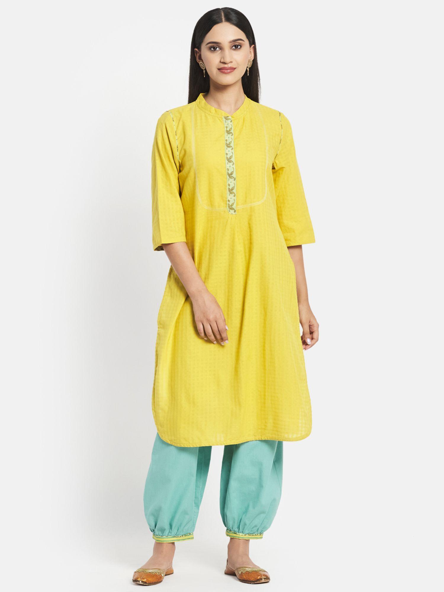 yellow cotton printed kurta (set of 2)