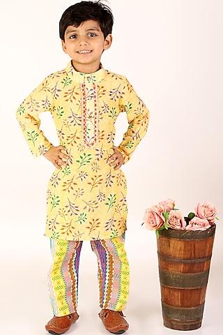 yellow cotton printed kurta set for boys