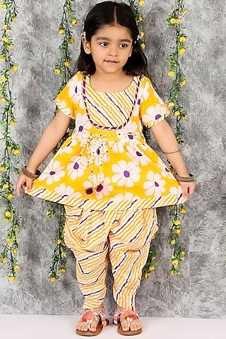 yellow cotton printed kurta set for girls