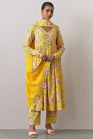 yellow cotton printed kurta set