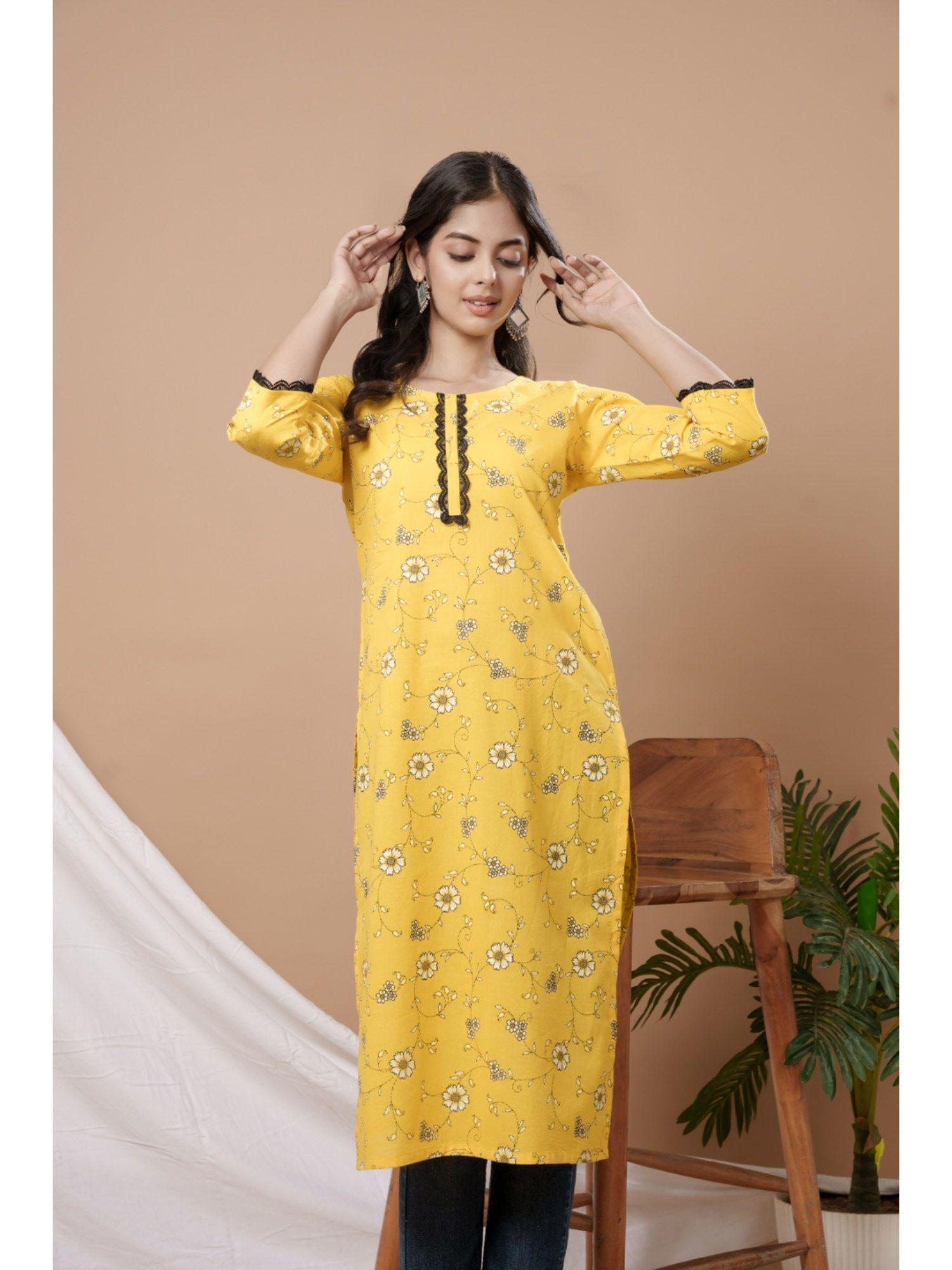 yellow cotton printed kurta