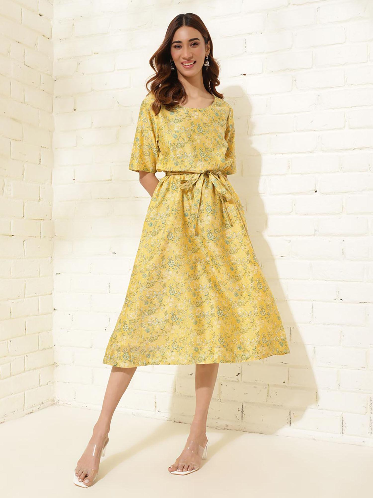 yellow cotton printed midi dress (set of 2)