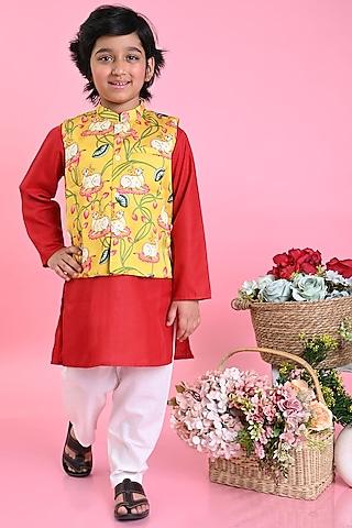 yellow cotton printed nehru jacket with kurta set for boys