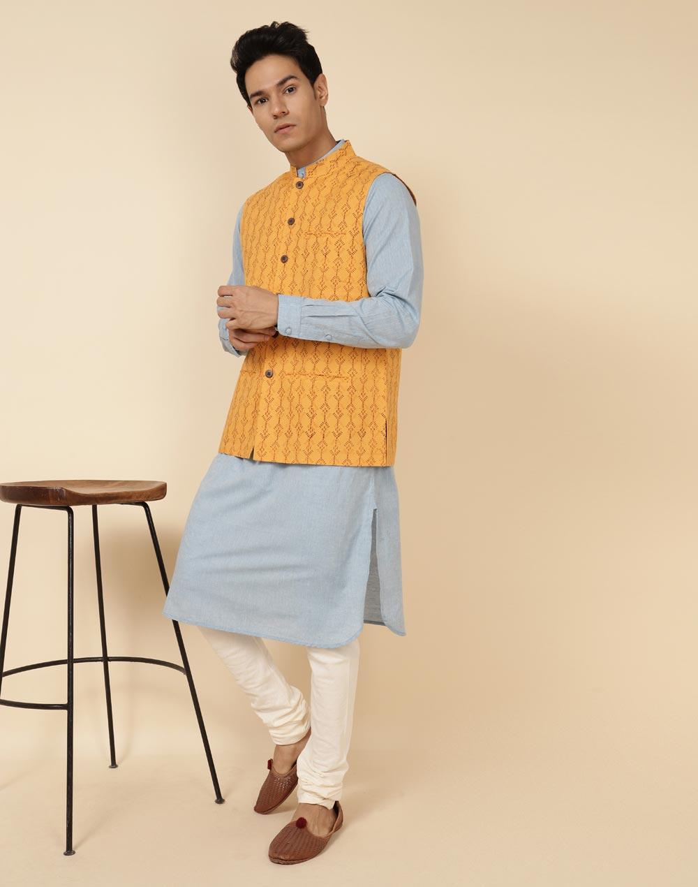 yellow cotton printed nehru jacket