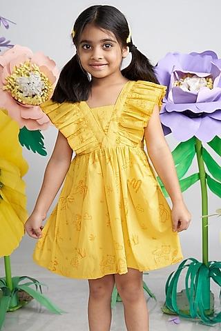 yellow cotton printed ruffled dress for girls