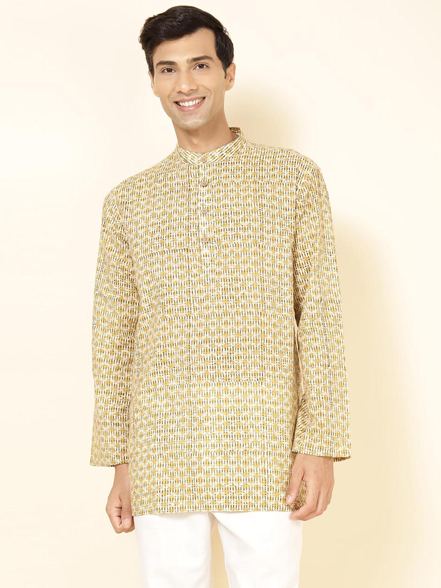 yellow cotton printed short kurta