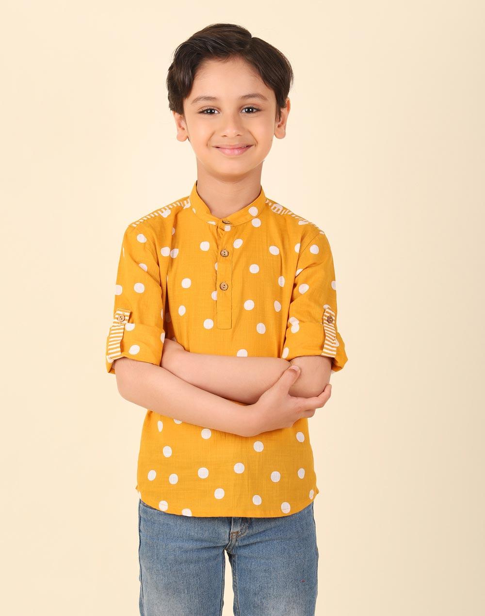 yellow cotton printed short kurta