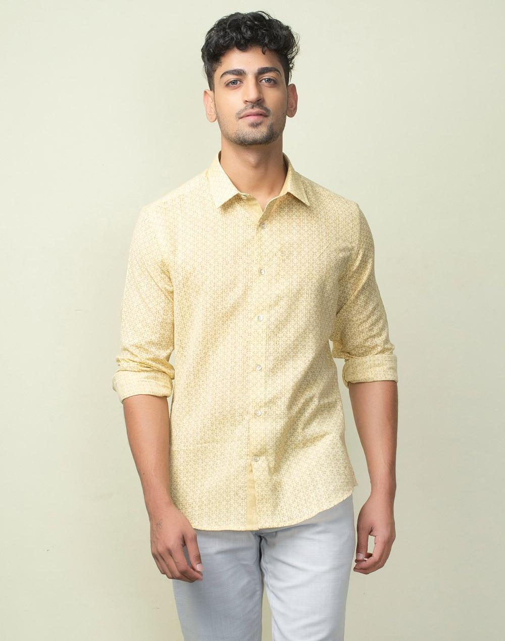 yellow cotton printed slim fit shirt