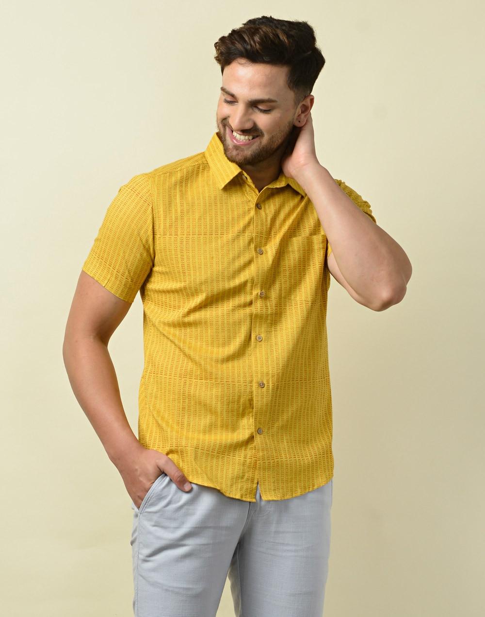 yellow cotton printed slim fit shirt