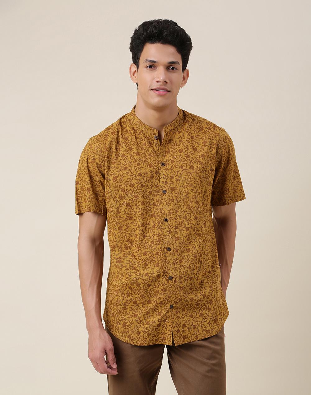 yellow cotton printed slim fit shirt