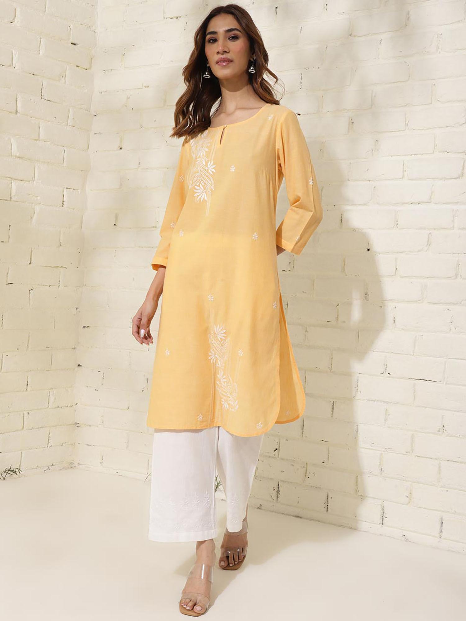 yellow cotton regular fit embroidery chikankari round neck kurta