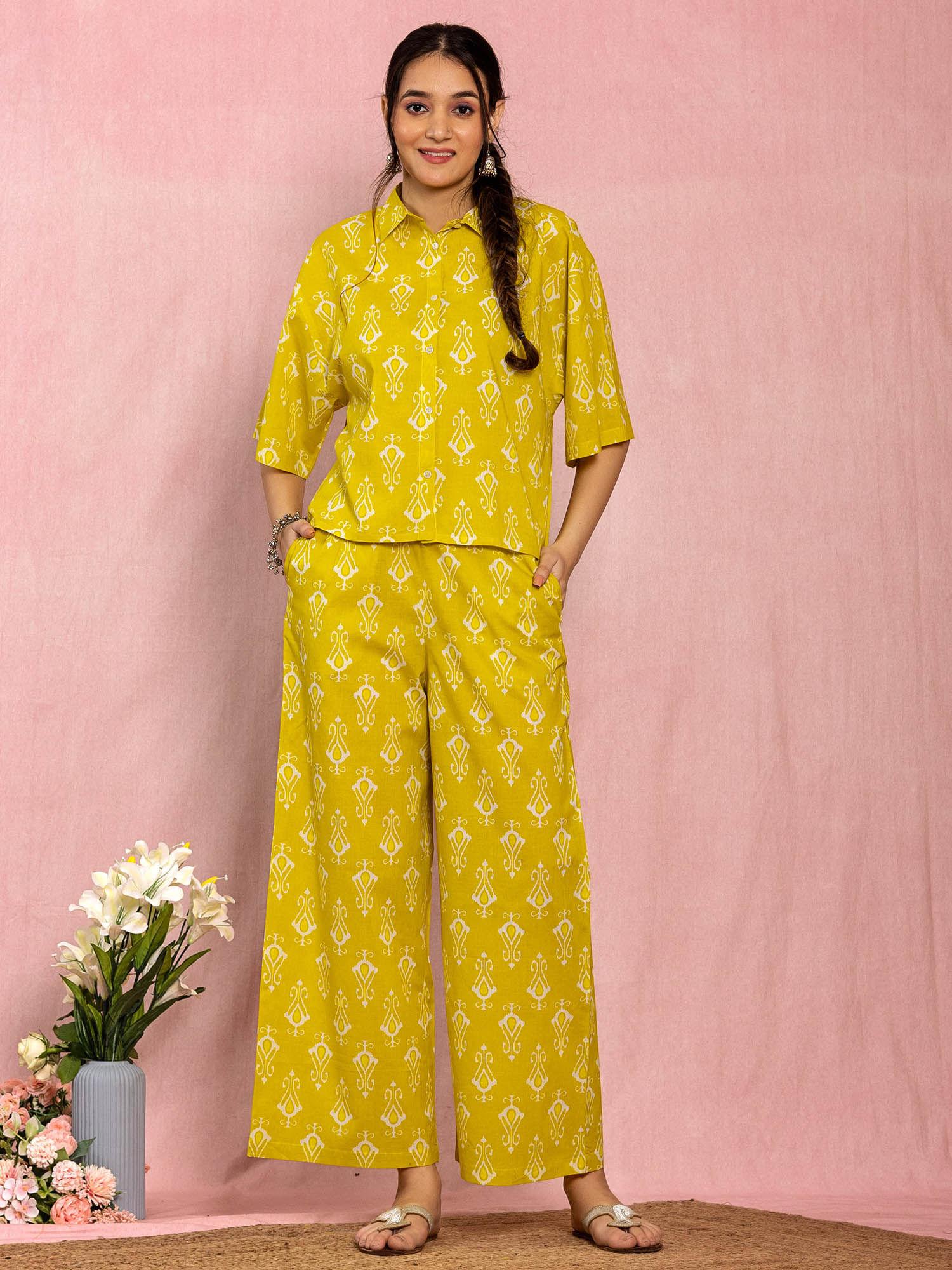 yellow cotton relax fit printed co-ord (set of 2)