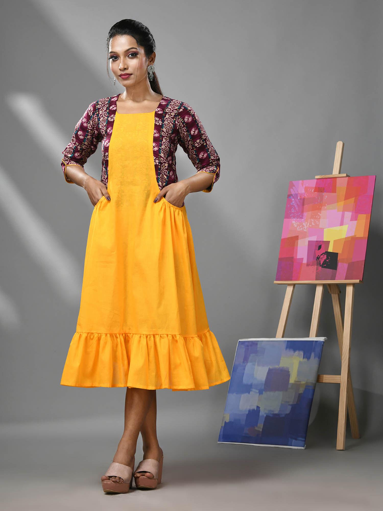 yellow cotton ruffled dress with printed attached jacket