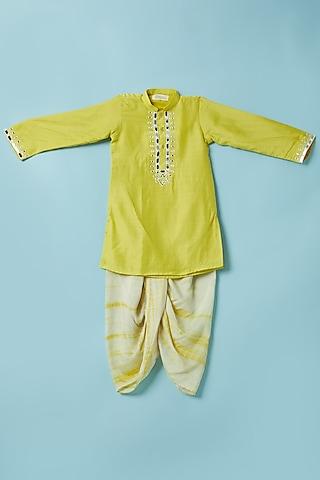yellow cotton satin kurta set for boys