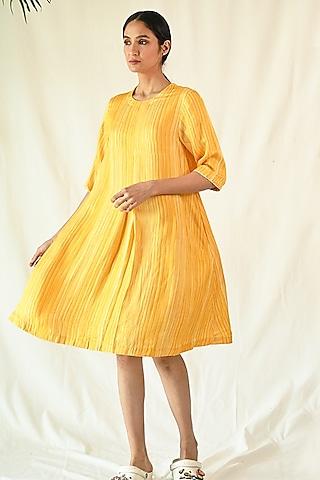 yellow cotton satin stripe digital printed dress