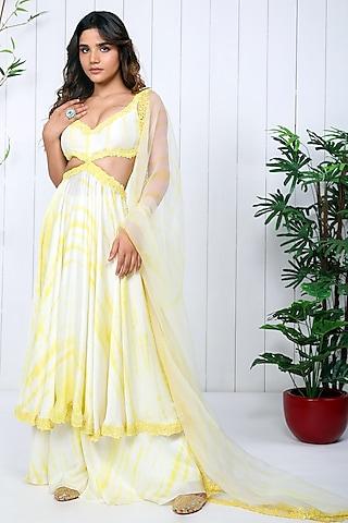 yellow cotton satin tie-dye anarkali set