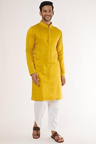 yellow cotton sequins embroidered kurta set