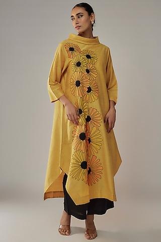 yellow cotton silk applique floral tunic set