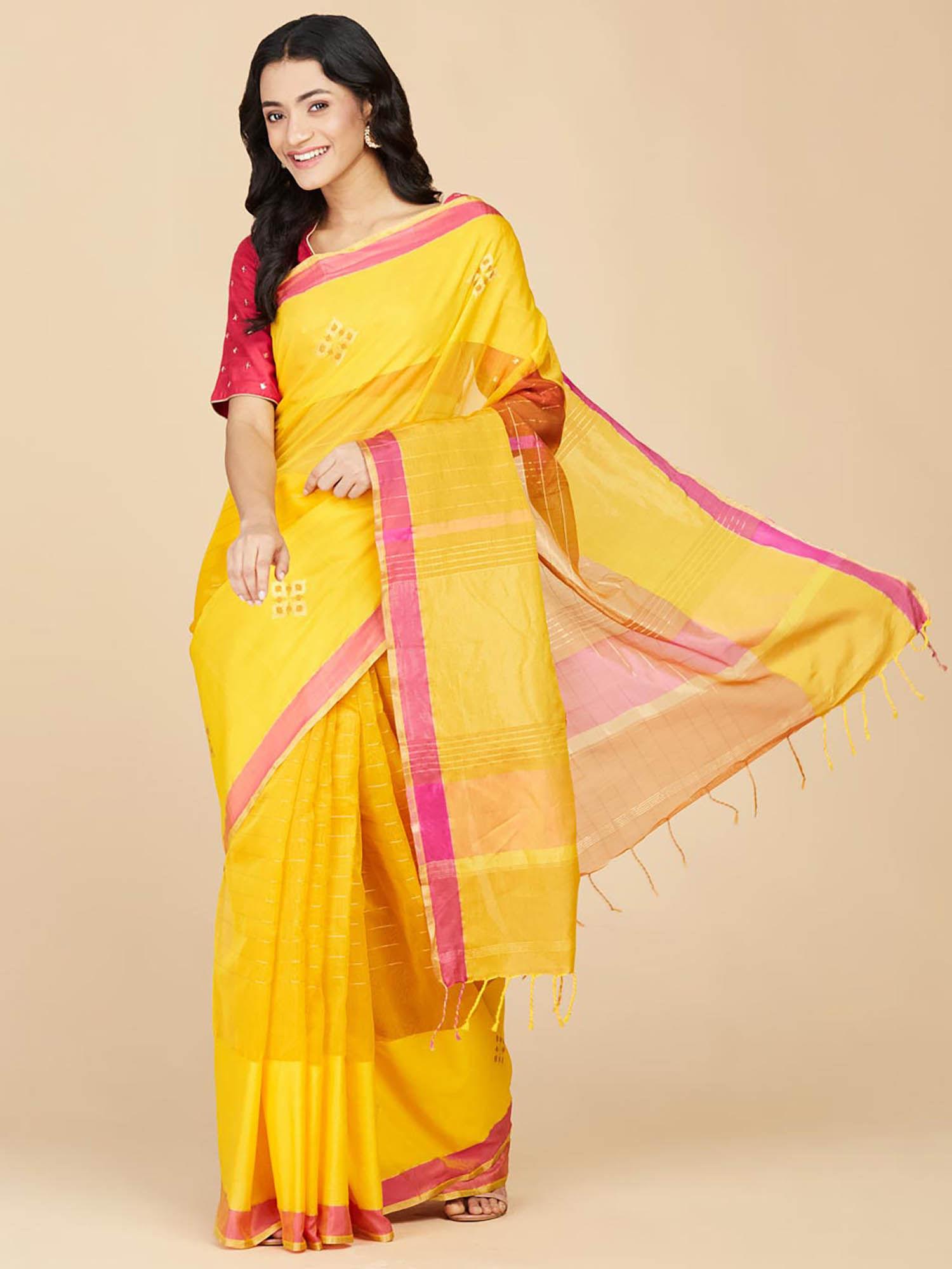 yellow cotton silk chanderi saree without blouse