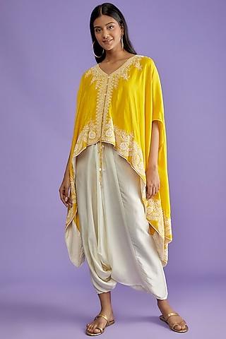 yellow cotton silk embellished cape set