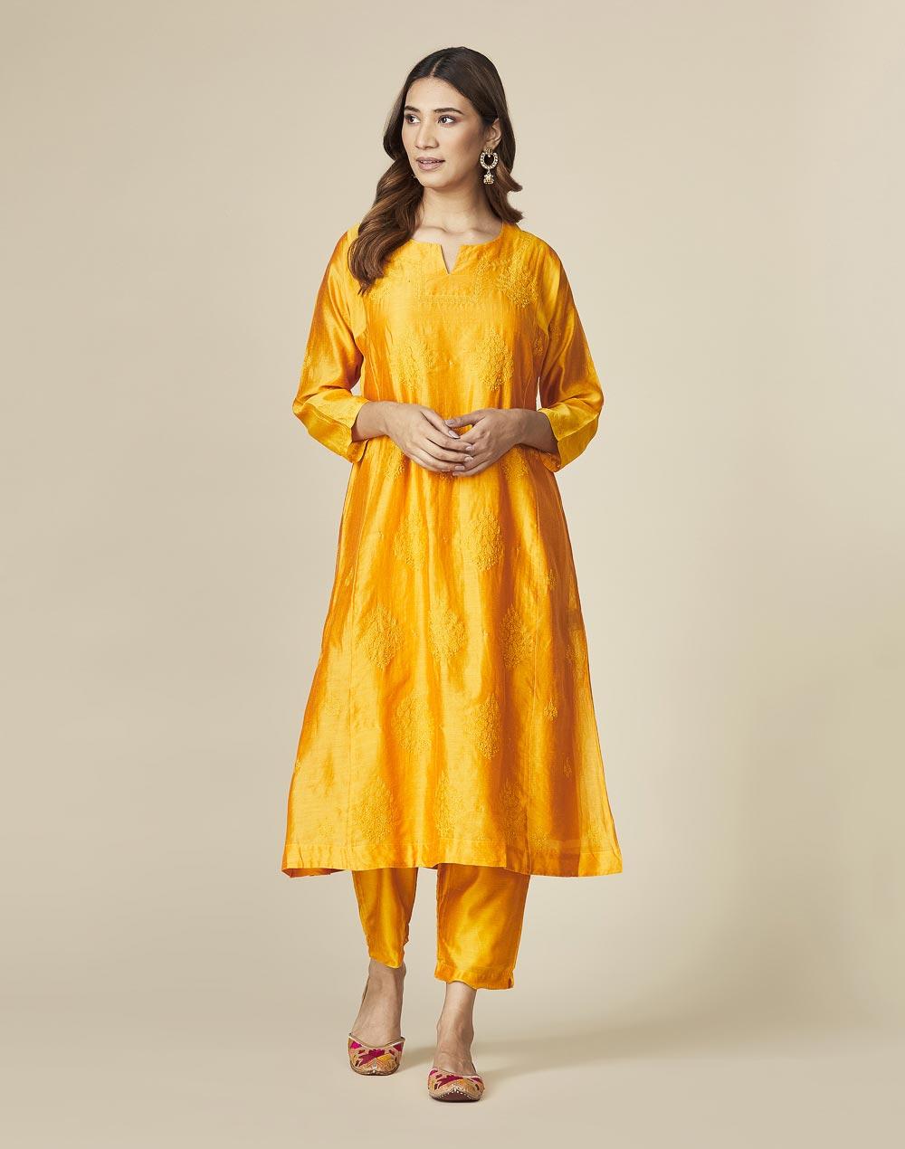 yellow cotton silk embroidered 2pc kurta set