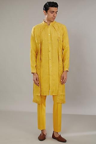 yellow cotton silk embroidered kurta set