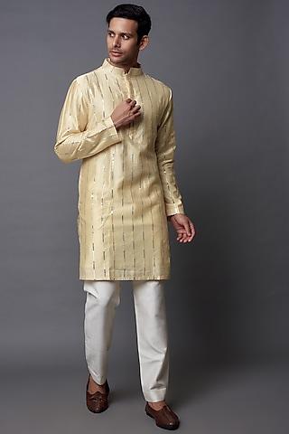 yellow cotton silk embroidered kurta set