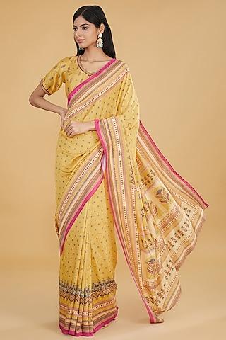 yellow cotton silk floral printed saree set