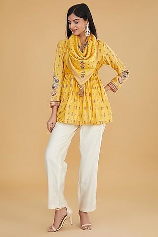 yellow cotton silk floral printed top with scarf