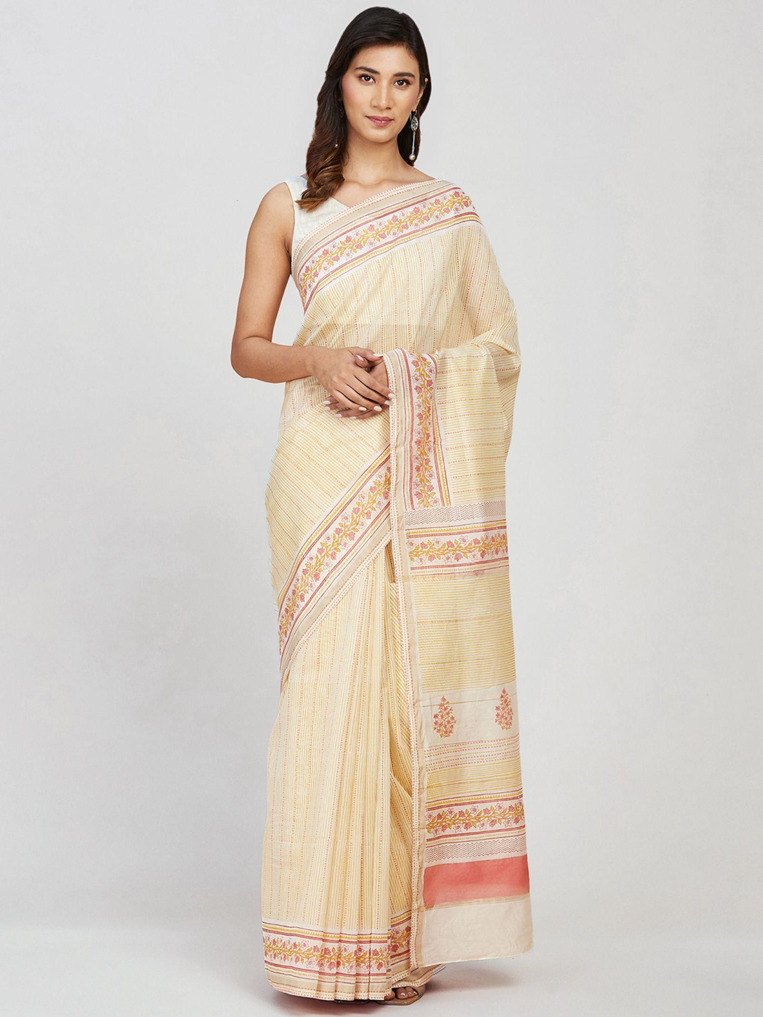 yellow cotton silk hand block printed sari with unstitched blouse