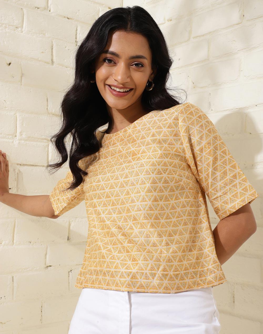 yellow cotton silk hand block printed short top