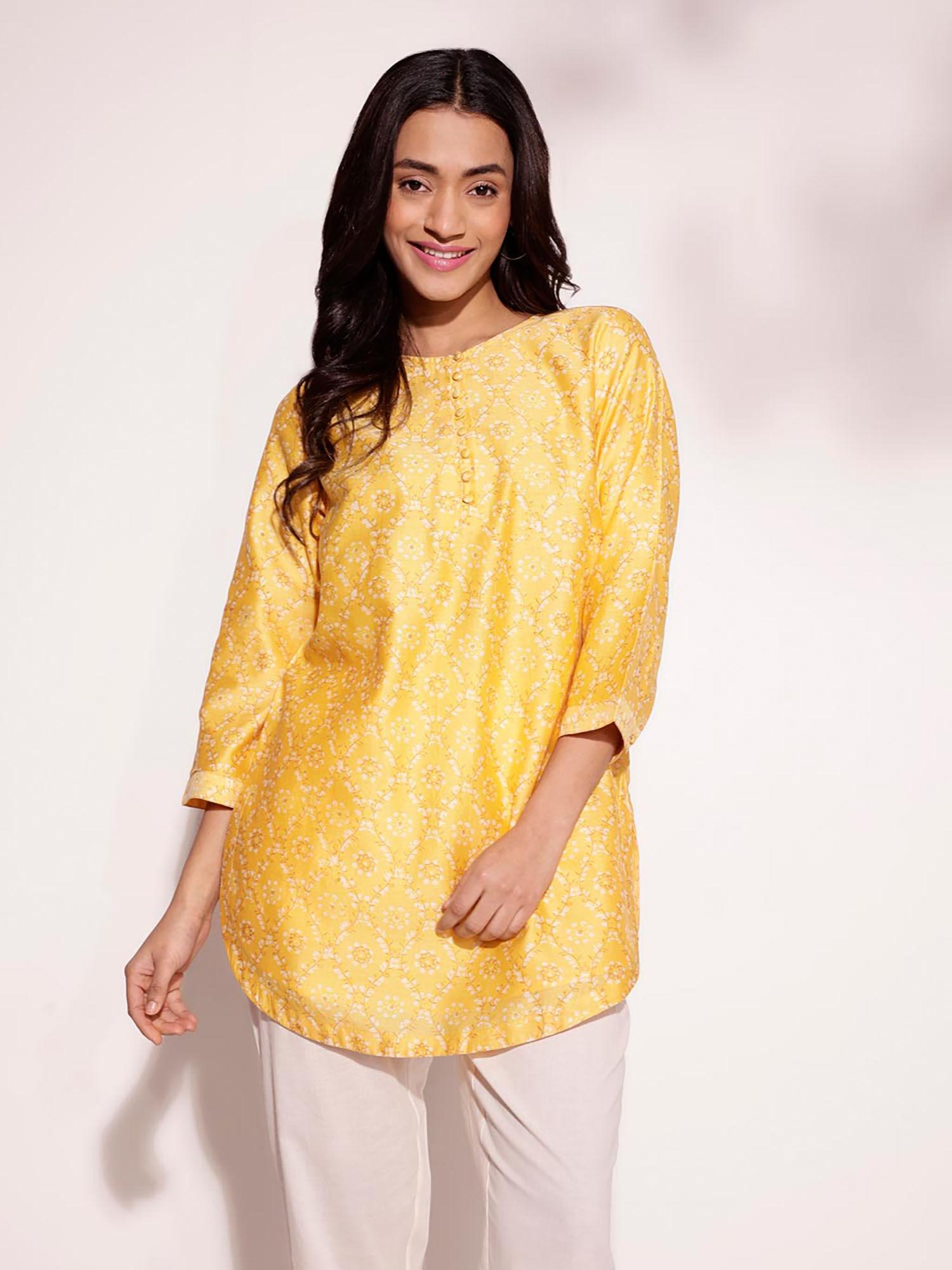 yellow cotton silk hand block printed tunic