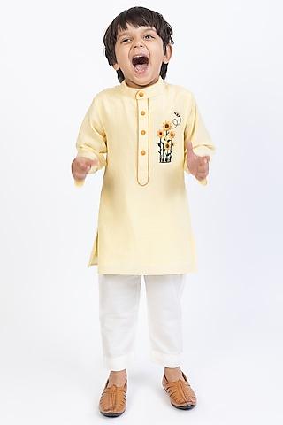 yellow cotton silk hand embroidered kurta set for boys