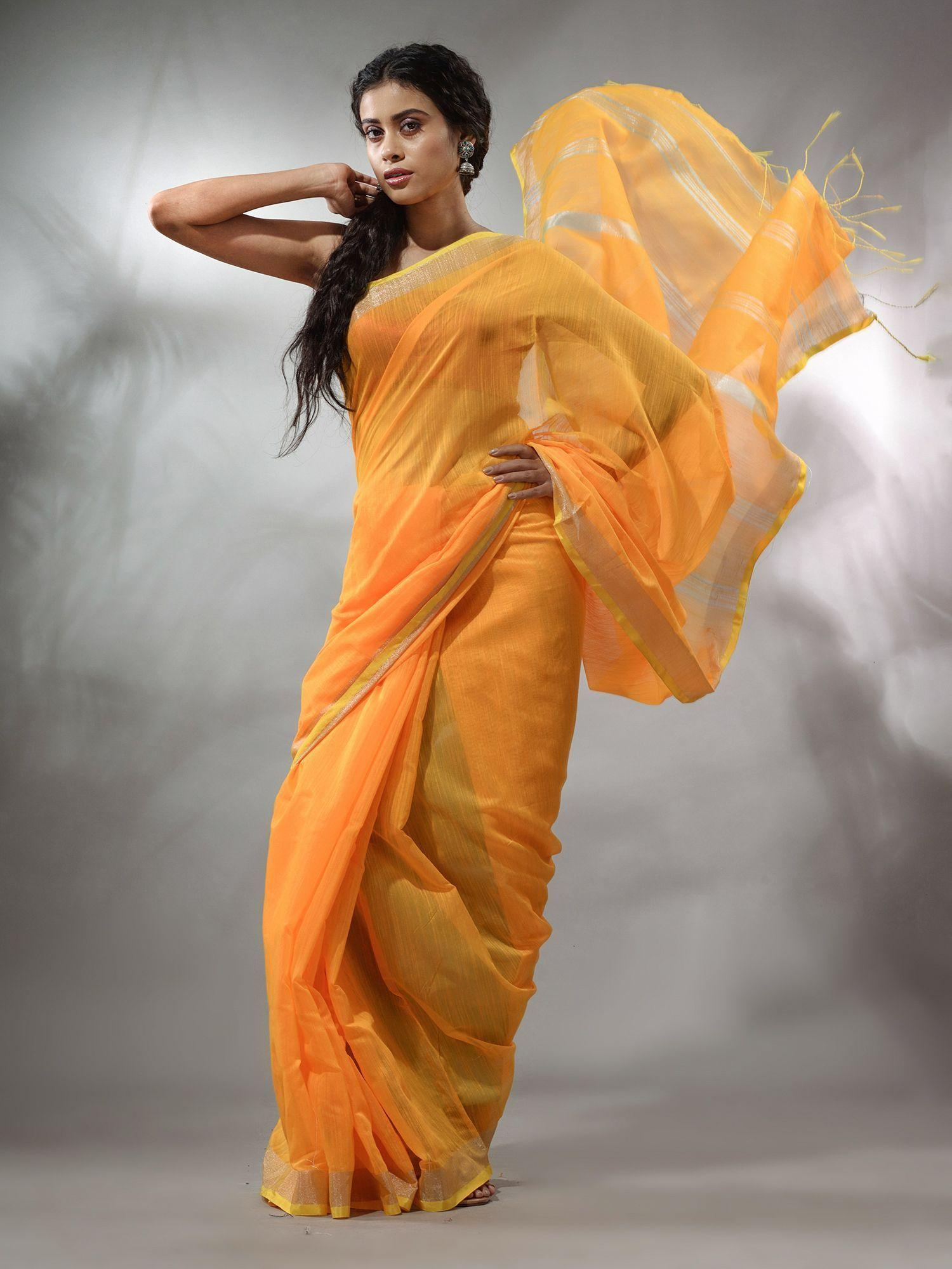 yellow cotton silk handwoven saree with zari woven stripes pallu & unstitched blouse