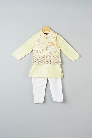 yellow cotton silk kurta set with bundi jacket for boys