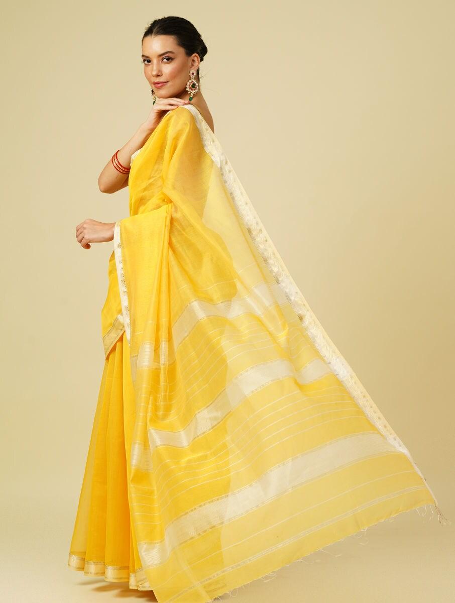 yellow cotton silk maheshwari saree