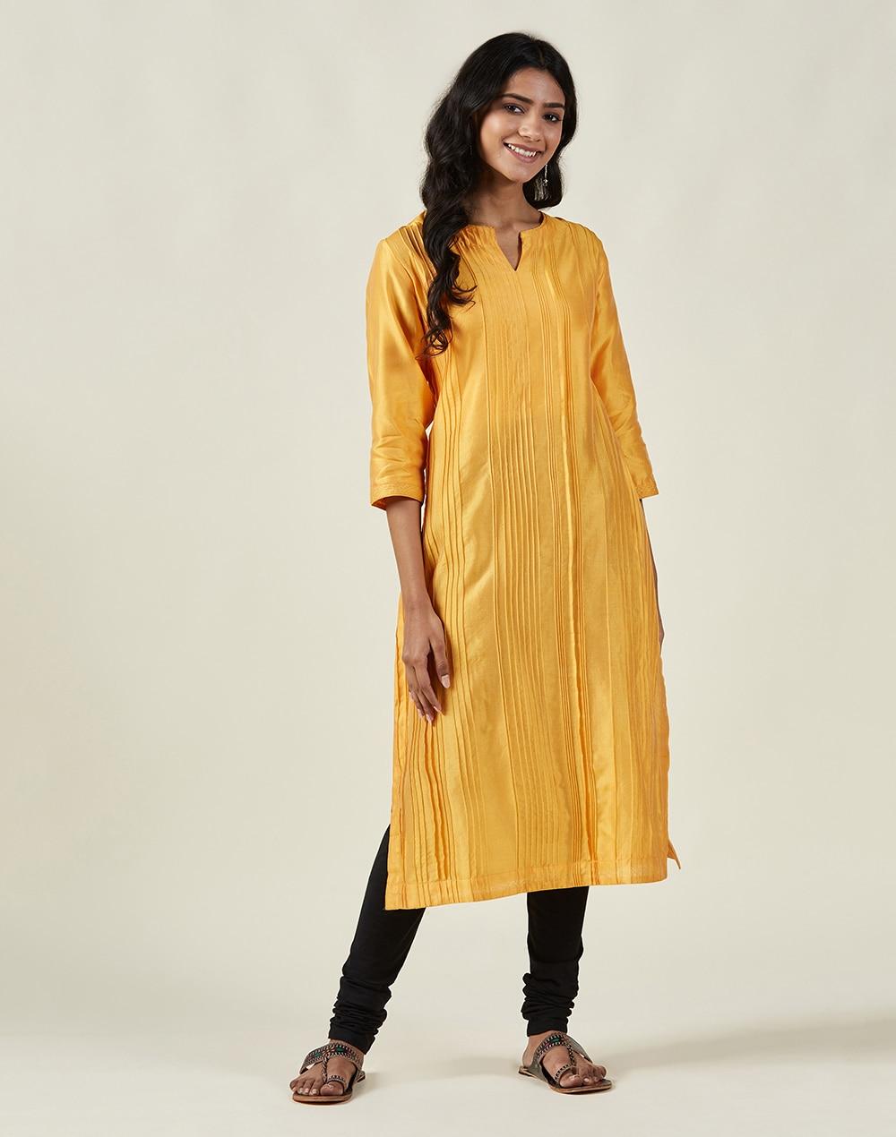 yellow cotton silk pintuck pleated long kurta