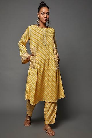 yellow cotton silk printed & hand embroidered kurta set