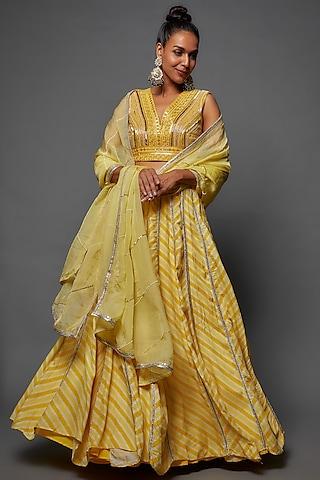 yellow cotton silk printed & hand embroidered lehenga set