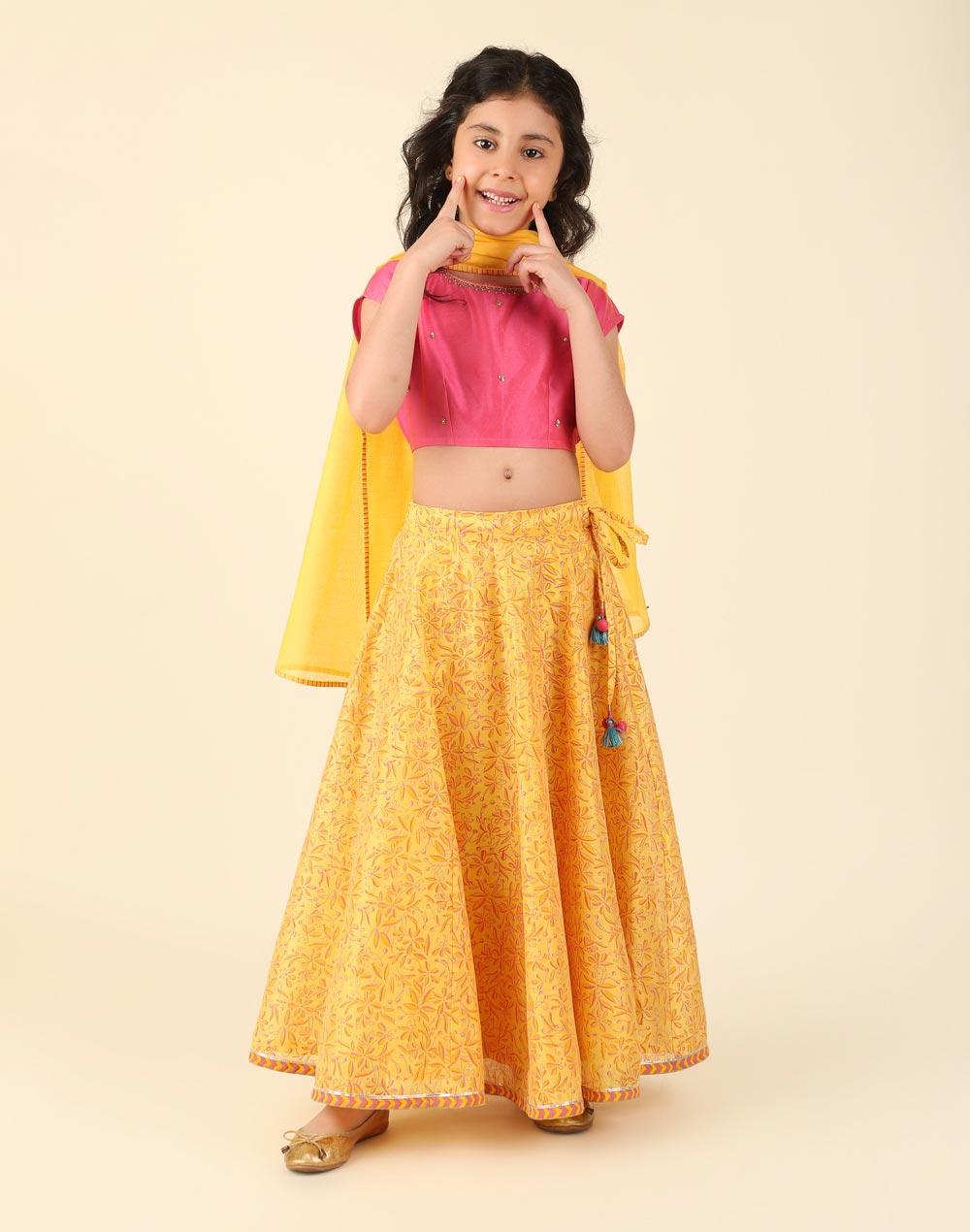 yellow cotton silk printed 3pc lehenga set