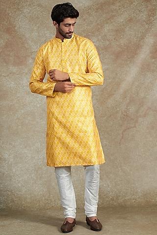 yellow cotton silk printed kurta set