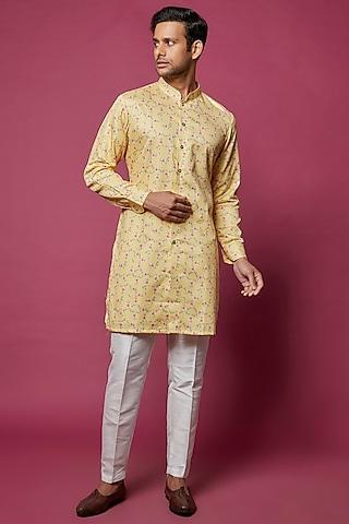 yellow cotton silk printed kurta set